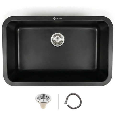 Black quartz rectangular kitchen sink with rounded edges, single bowl design, stainless-steel drain and waste pipe included.