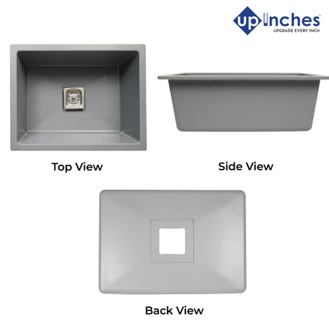 Three-angle views of grey quartz kitchen sink — top view, side view, and back outlet with square drain opening.