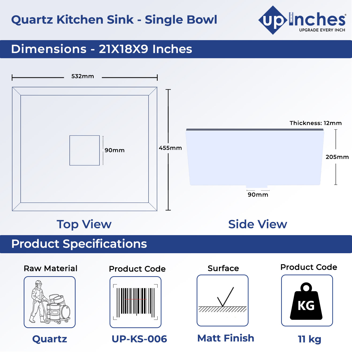 Quartz Kitchen Sink | 21"X18"X9" | Single Bowl-Black