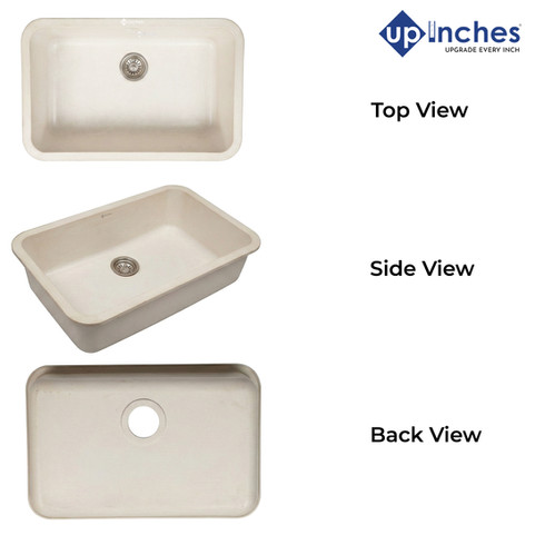 Top, side, and back views of white quartz rectangular sink with rounded corners and circular drain outlet.