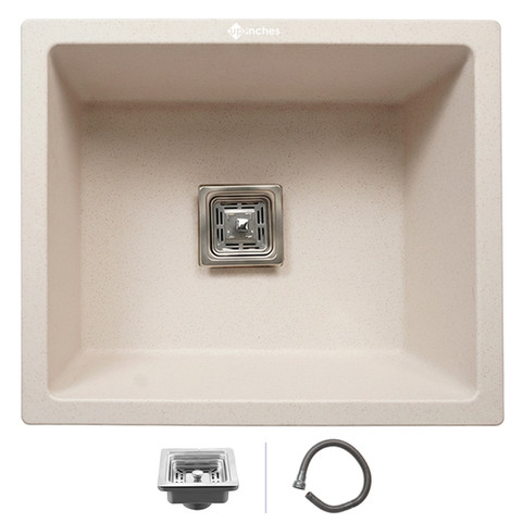 White quartz kitchen sink 21x18x9 inch single bowl with square stainless-steel drain and matte finish, clean minimalist desig