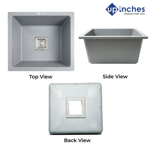 Complete view of grey quartz sink from top, side, and back — square center drain and compact single-bowl layout.