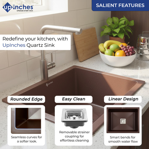 Quartz kitchen sink features — rounded edges, removable stainless-steel strainer, smooth water-flow bowl shape.