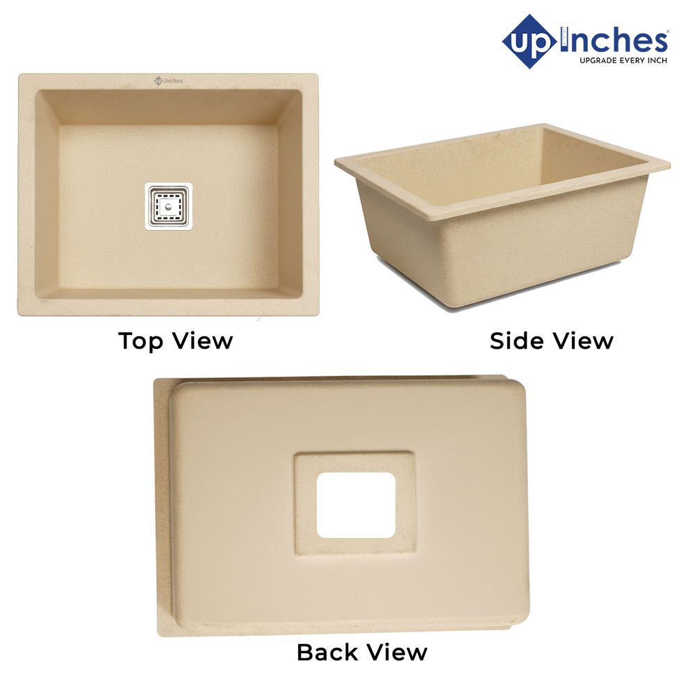 Three-angle views of beige quartz kitchen sink — top view, slanted side view, and back view with square drain opening.