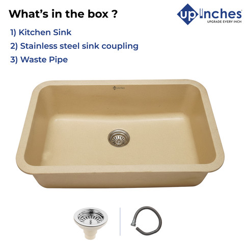 Beige quartz single-bowl kitchen sink package with stainless-steel strainer coupling and flexible waste pipe.