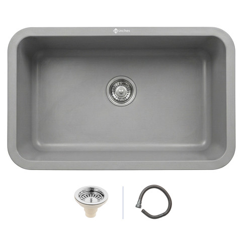Grey quartz rectangular kitchen sink with rounded edges, single bowl design, stainless-steel drain and waste pipe included.