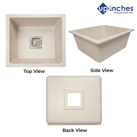 Complete view of white quartz sink from top, side, and back — square center drain and compact single-bowl layout.
