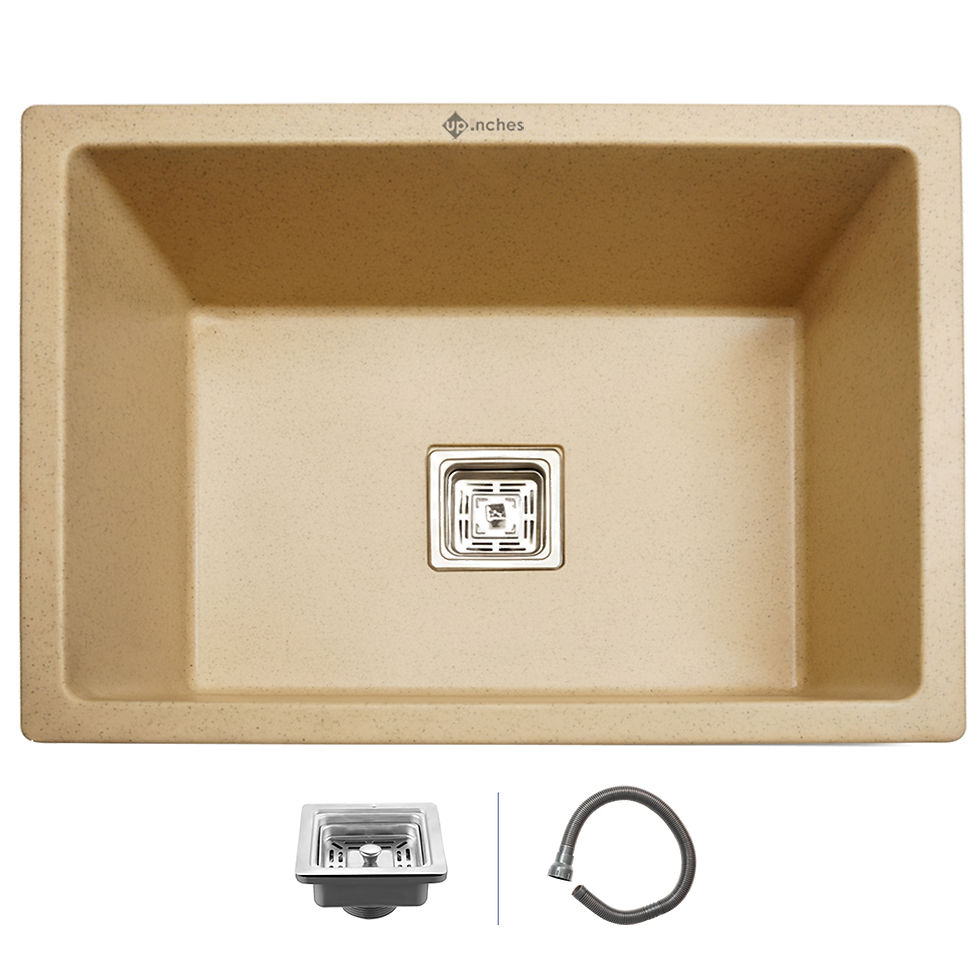 Beige quartz kitchen sink 24x18x9 inch single bowl with square stainless-steel drain and matte finish, durable modern design.