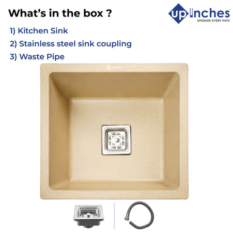 Quartz kitchen sink package including sink, stainless-steel square drain coupling, and flexible waste pipe.