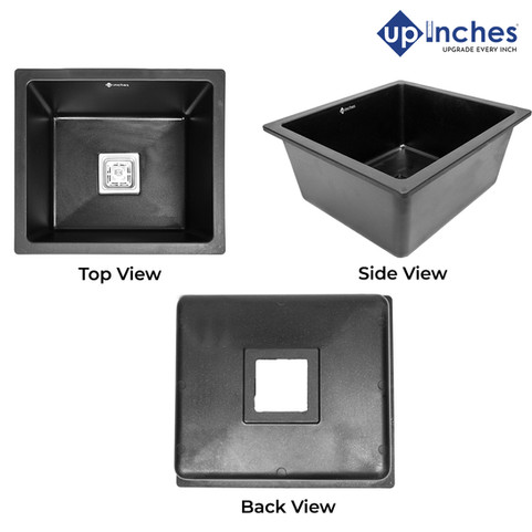 Complete view of black quartz sink from top, side, and back — square center drain and compact single-bowl layout.