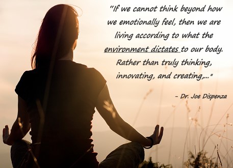 Lady Meditating at sunset with a statement from Joe Dispenza.