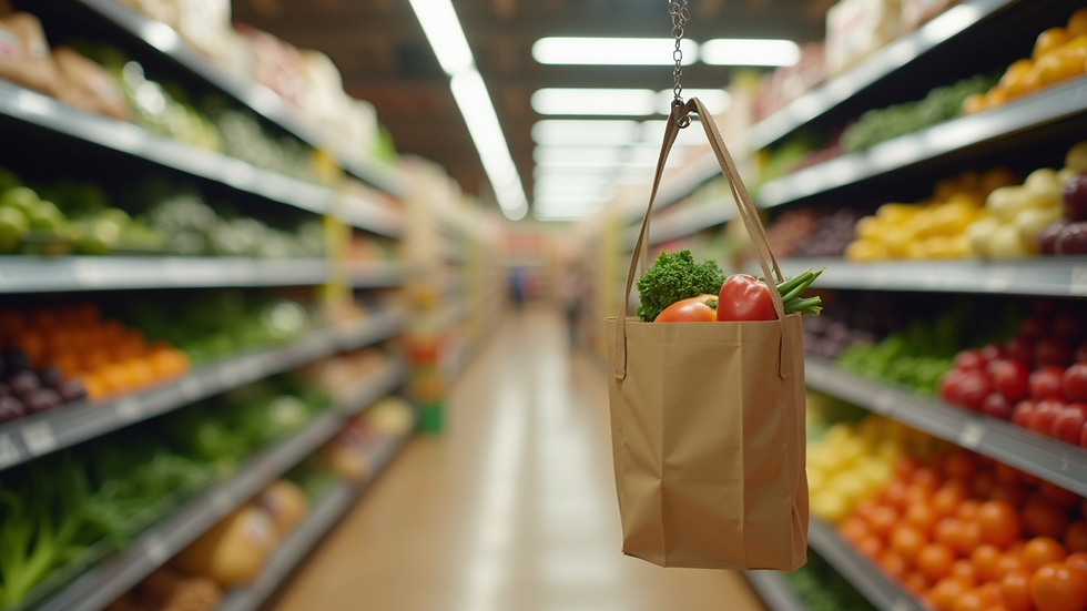 Eye-level view of a sustainable grocery bag in an eco-friendly store