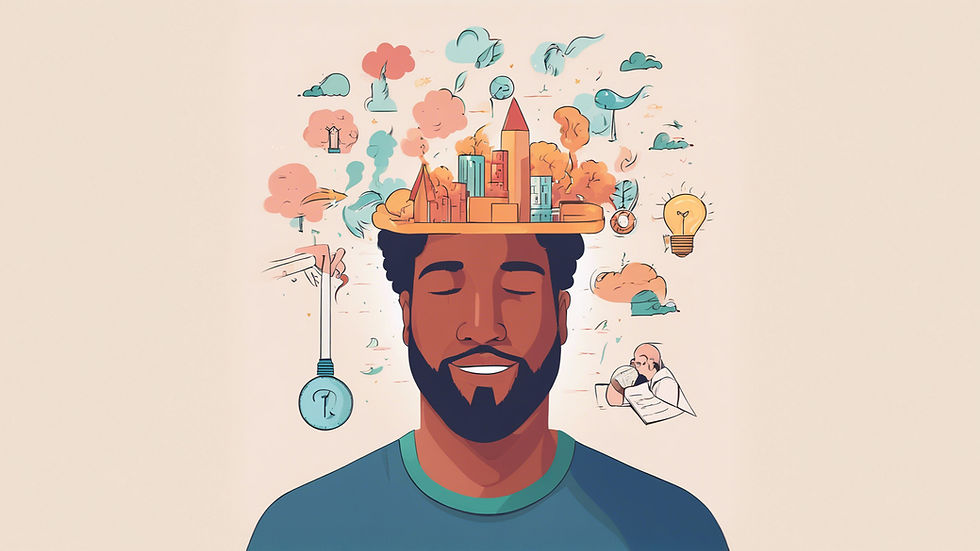 the power of dreams, surrounded by imaginative icons like buildings, clouds, and a light bulb. Calm mood and colorful abstract art.