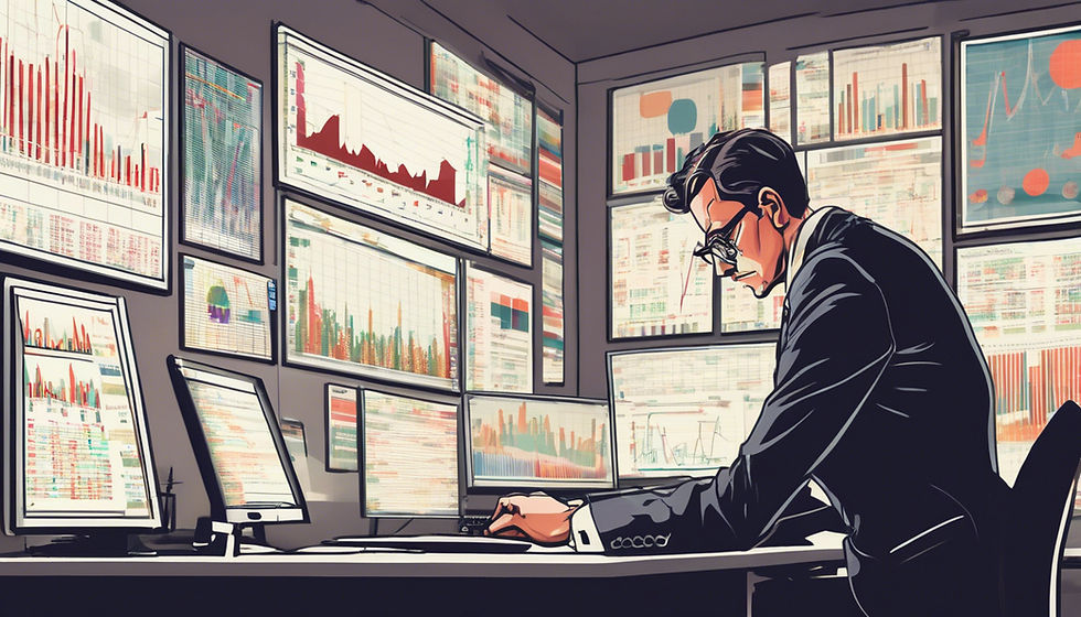 Man in suit analyzes data on multiple screens in a control room. Graphs and charts dominate the wall, creating a focused atmosphere.