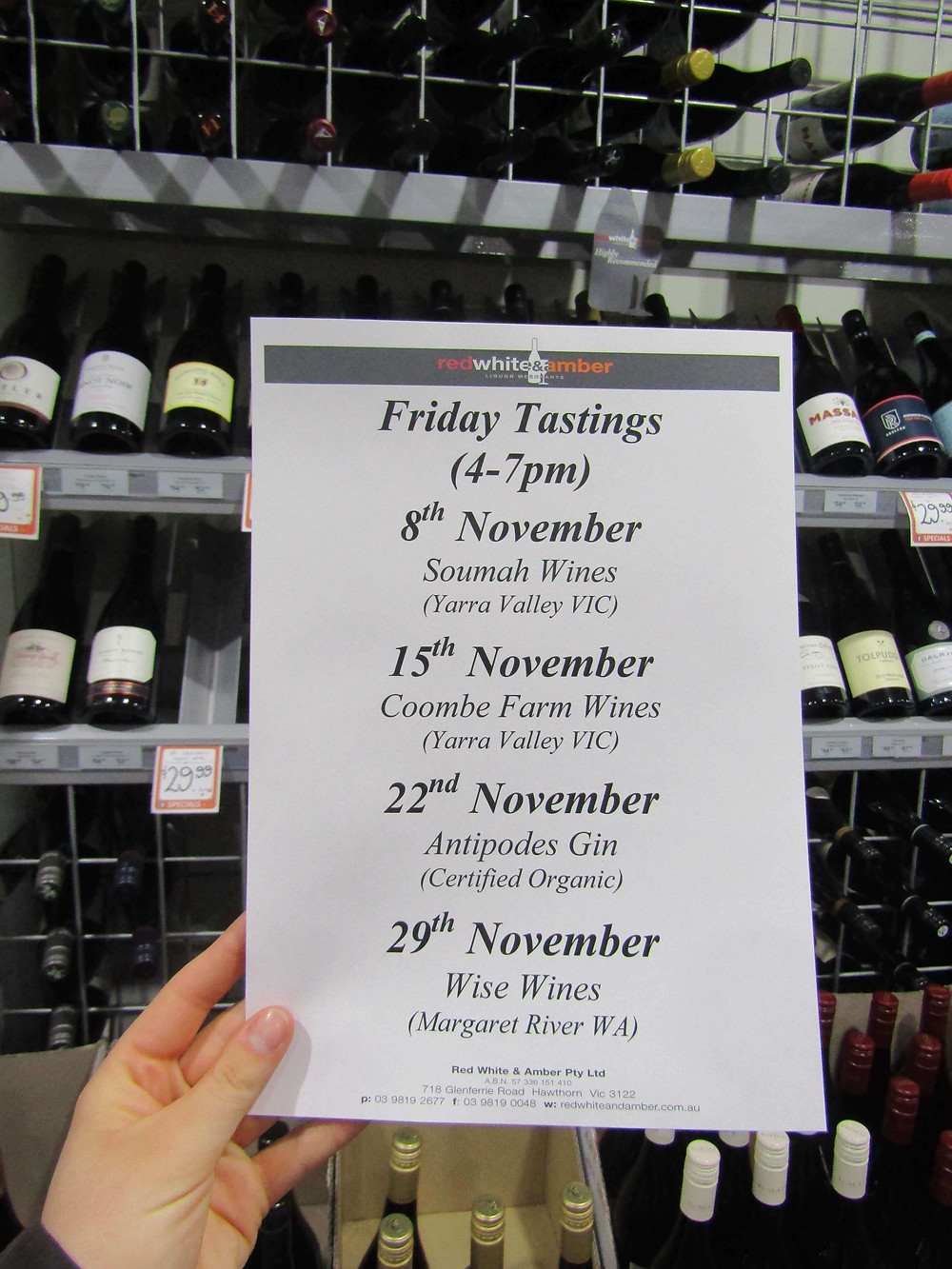 Upcoming tastings at Red White and Amber, 718 Glenferrie Road.