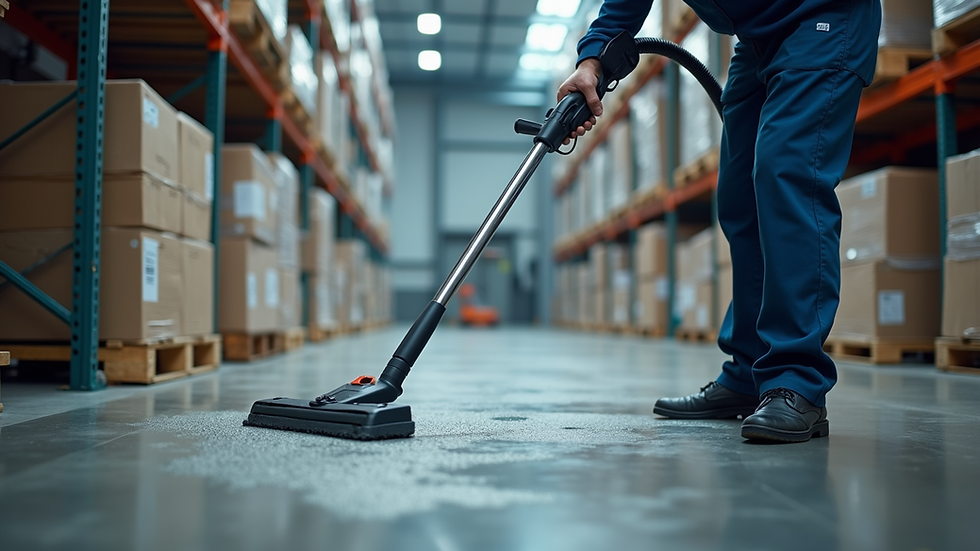 Close-up view of a professional cleaner using industrial equipment in a warehouse