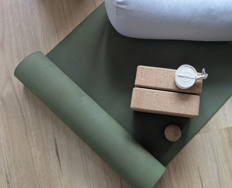 Yoga mat with blocks, strap, massage ball and bolster