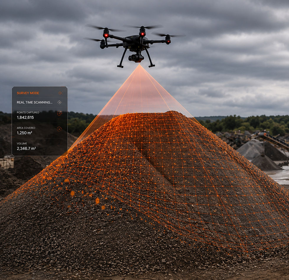 Drone scanning a gravel stockpile for volume measurement