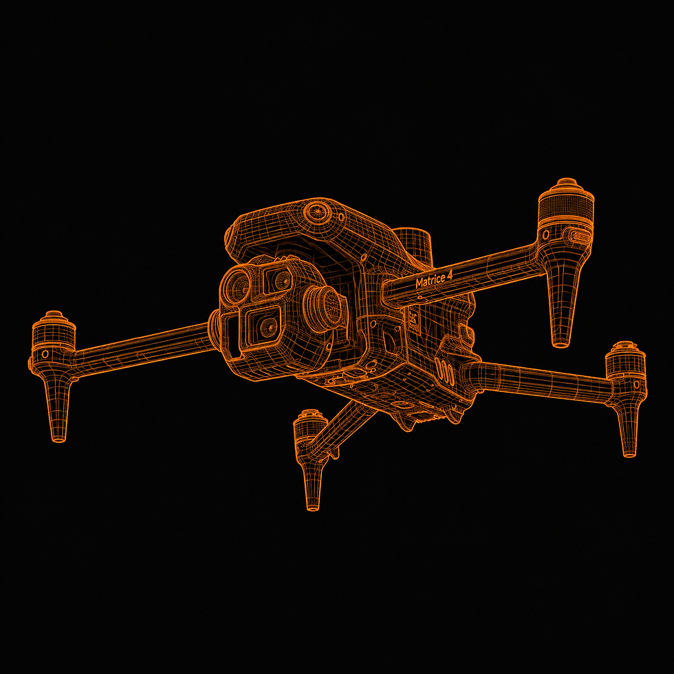 Orange wireframe drone icon on a black background