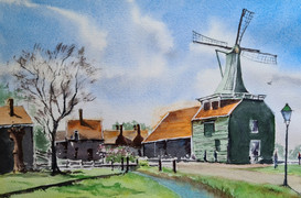Watercolour painting of a scene at Zaanse Schans, Netherlands