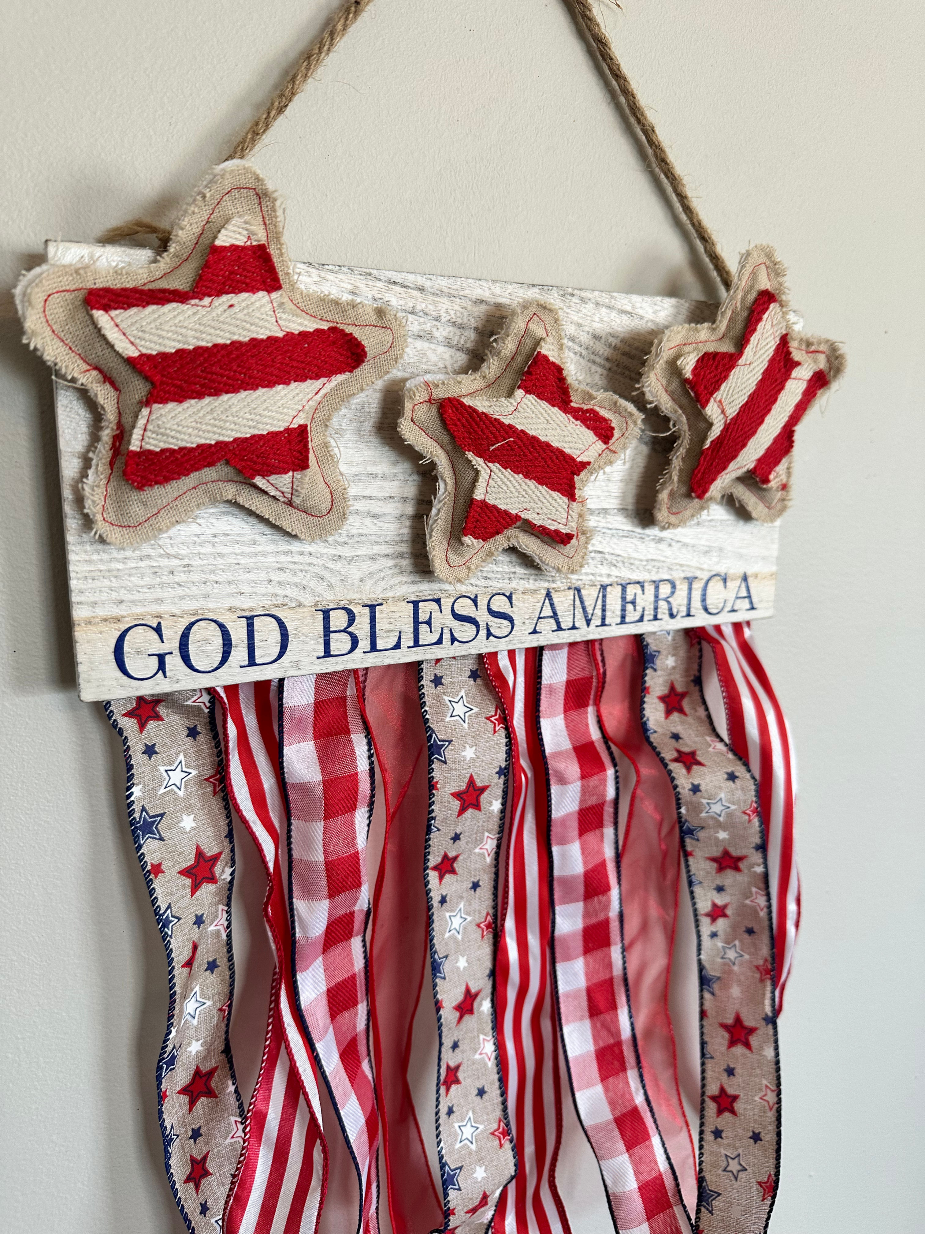 Handcrafted “God Bless America” Patriotic Wood Sign with Ribbon Streamers