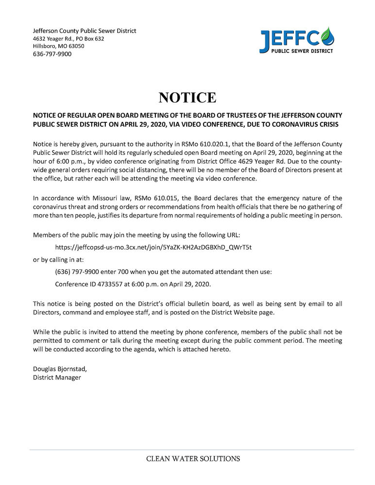 NOTICE VIRTUAL BOARD MEETING