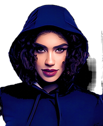 Düstere Schwarz-Weiß-Porträtgrafik einer Person mit Kapuze, über dem Gesicht ein roter Schriftzug auf Pinselstrich