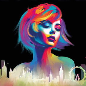 Die Büste einer jungen Frau mit kinnlangen Haaren in bunten Farben vor einem schwarzen Hintergrund.