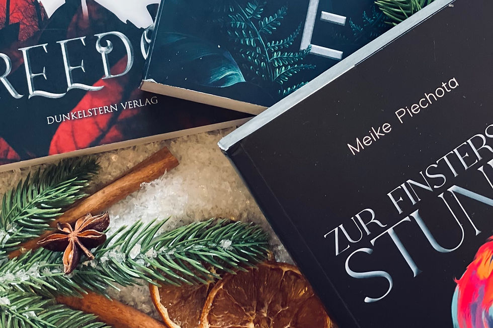 Drei Bücher liegen auf Schnee gemeinsam mit Tannenzweigen, Zimtstangen und Anissternen