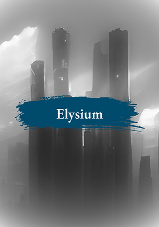 Graue, futuristische Skyline mit hohen Wolkenkratzern; in der Mitte steht auf einem blauen Pinselstrich der Schriftzug „Elysi