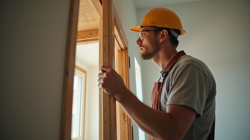 Eye-level view of a handyman fixing a wooden door frame
