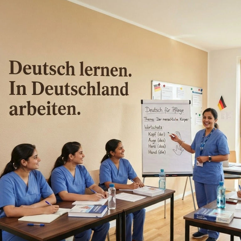 Photorealistic 16_9 wide shot, Indian nurse in blue scrubs teaching German to Indian nursi