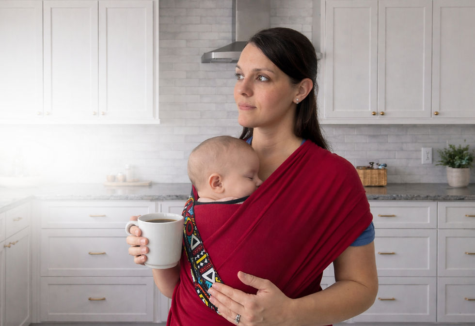 mom enjoys coffee while wearing baby
