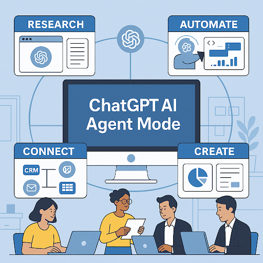 Four people work on laptops. Text in the center reads "ChatGPT AI Agent Mode" with icons labeled Research, Automate, Connect, Create.