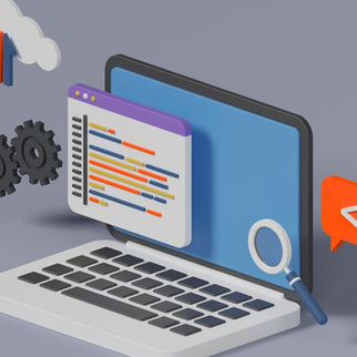 3D illustration of a laptop with colorful code on screen, gears, cloud with arrows, magnifying glass, and code bubble on gray background.