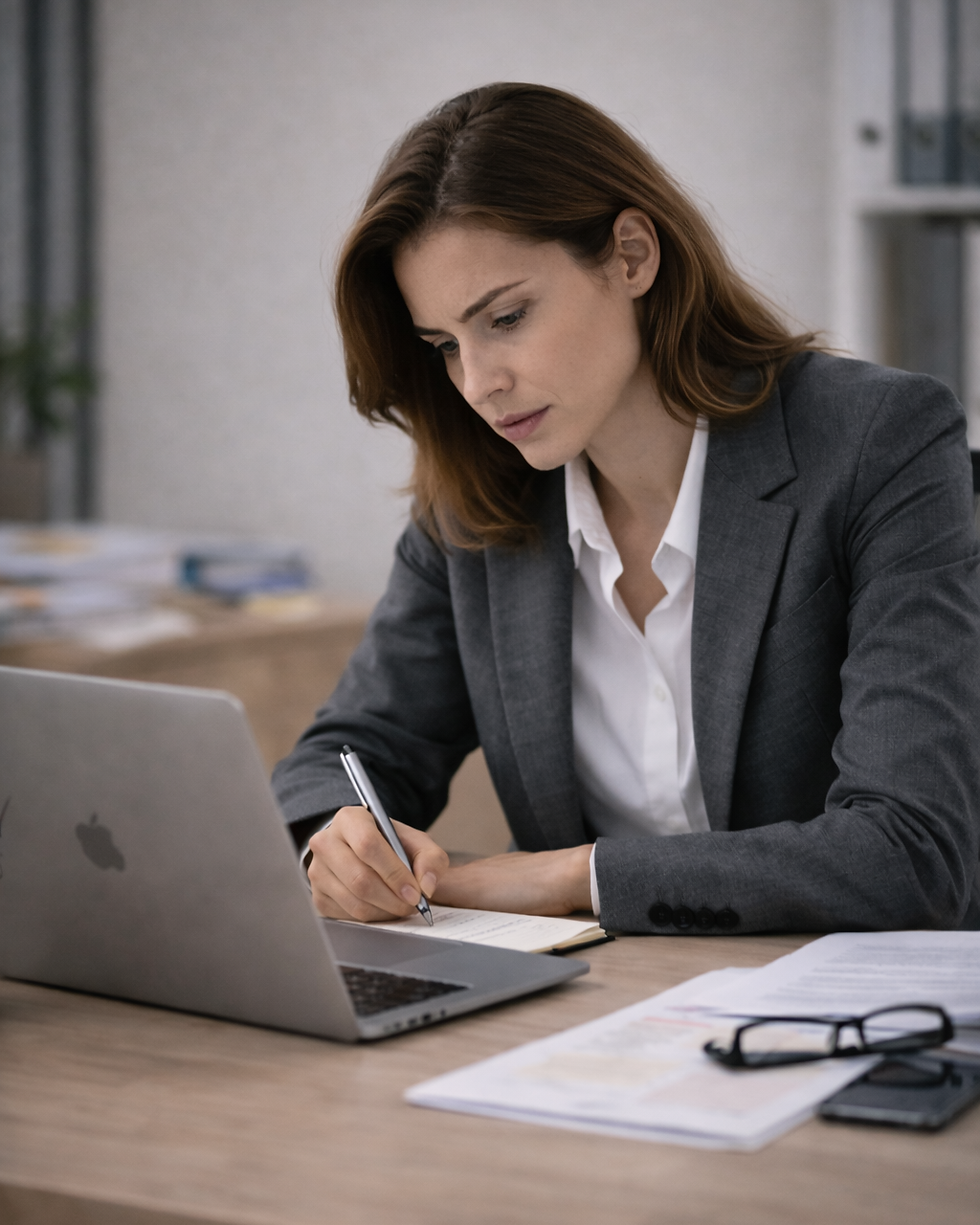 Dirigeante en réflexion face à ses priorités, illustrant l’accompagnement IMPULSION en préparation mentale.