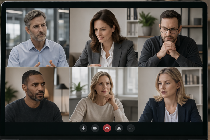 Dirigeants en visio collective, illustrant le programme ÉMERGENCE pour prendre du recul et rompre l’isolement du dirigeant.