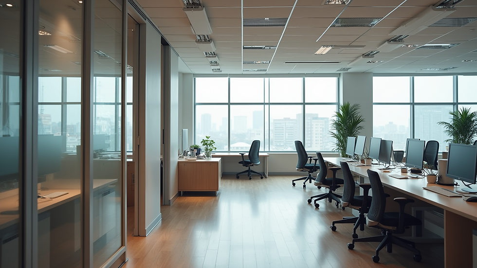 High angle view of a flexible office space with movable partitions