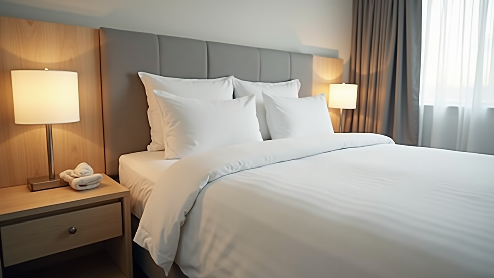 Close-up view of a clean and simple hotel room with basic amenities