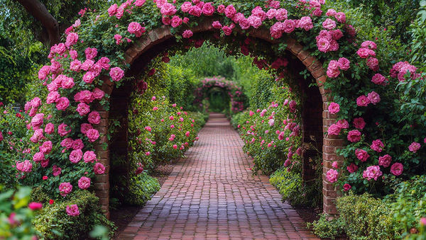 Brick pathway beneath rose-covered arches in a vibrant, blooming garden.
