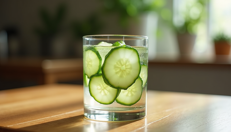 Close-up view of a glass of water and fresh cucumber slices on a wooden table