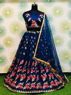 Thumbnail: Captivating Navy Blue Net Embroidered Lehenga Choli With Dupatta