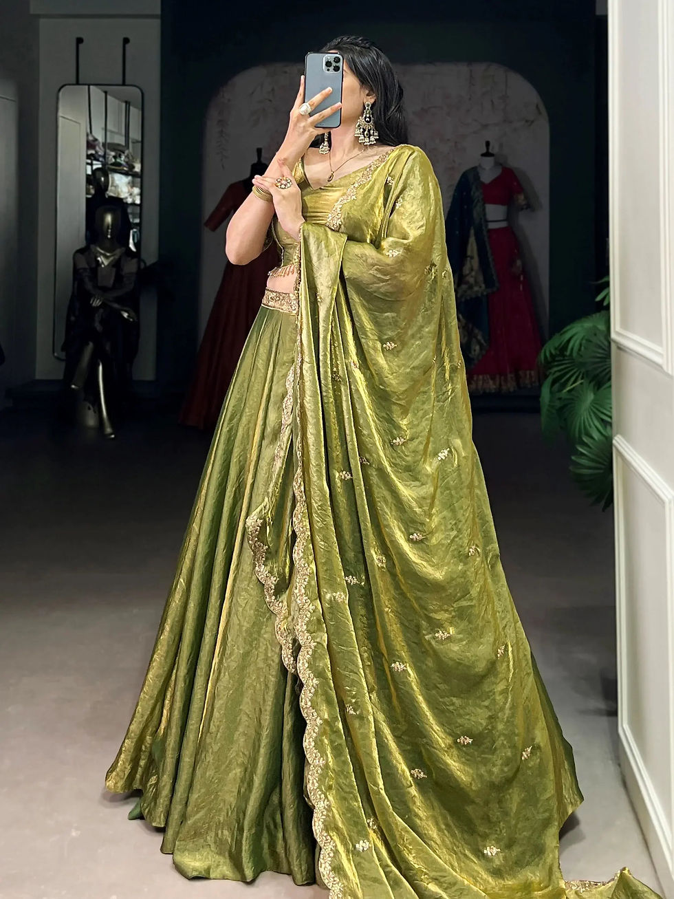 Thumbnail: Mesmerizing Green Organza Mehendi Wear Lehenga Choli With Dupatta