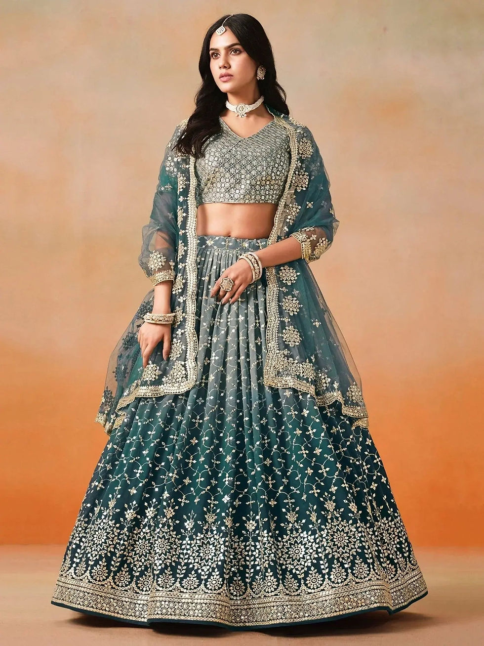 Thumbnail: Adorable Teal Blue Georgette Zari Embroidered Lehenga Choli