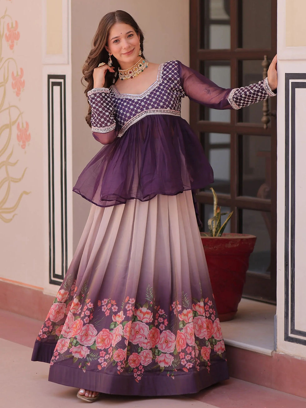 Thumbnail: Beautiful Purple Organza Floral Printed Lehenga With Peplum Top