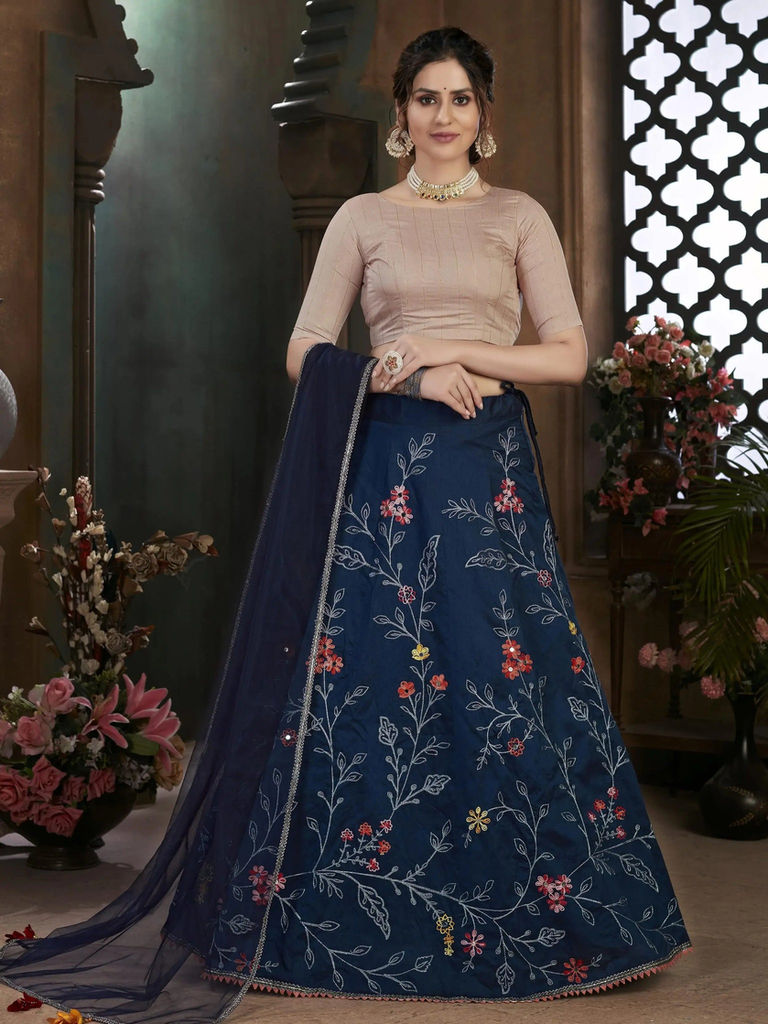 Thumbnail: Alluring Navy Blue Floral Embroidered Lehenga Choli With Dupatta
