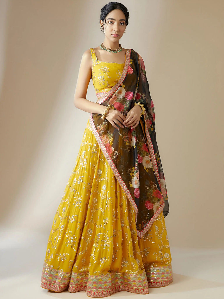 Thumbnail: Awesome Yellow Sequins Georgette Festival Wear Lehenga Choli