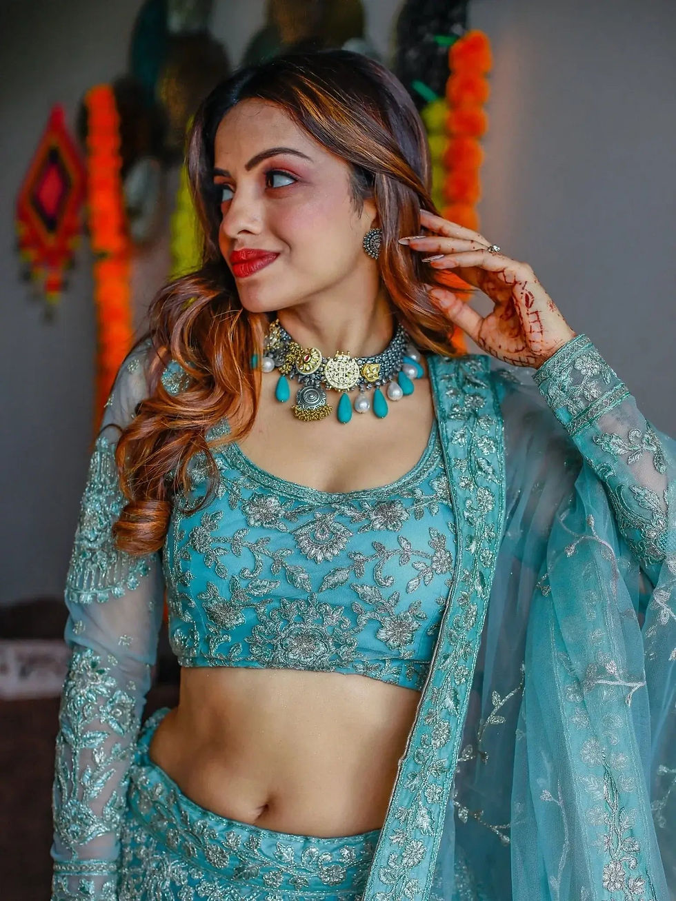 Thumbnail: Stunning Aqua Blue Embroidered Soft Net Occasion Wear Lehenga Choli