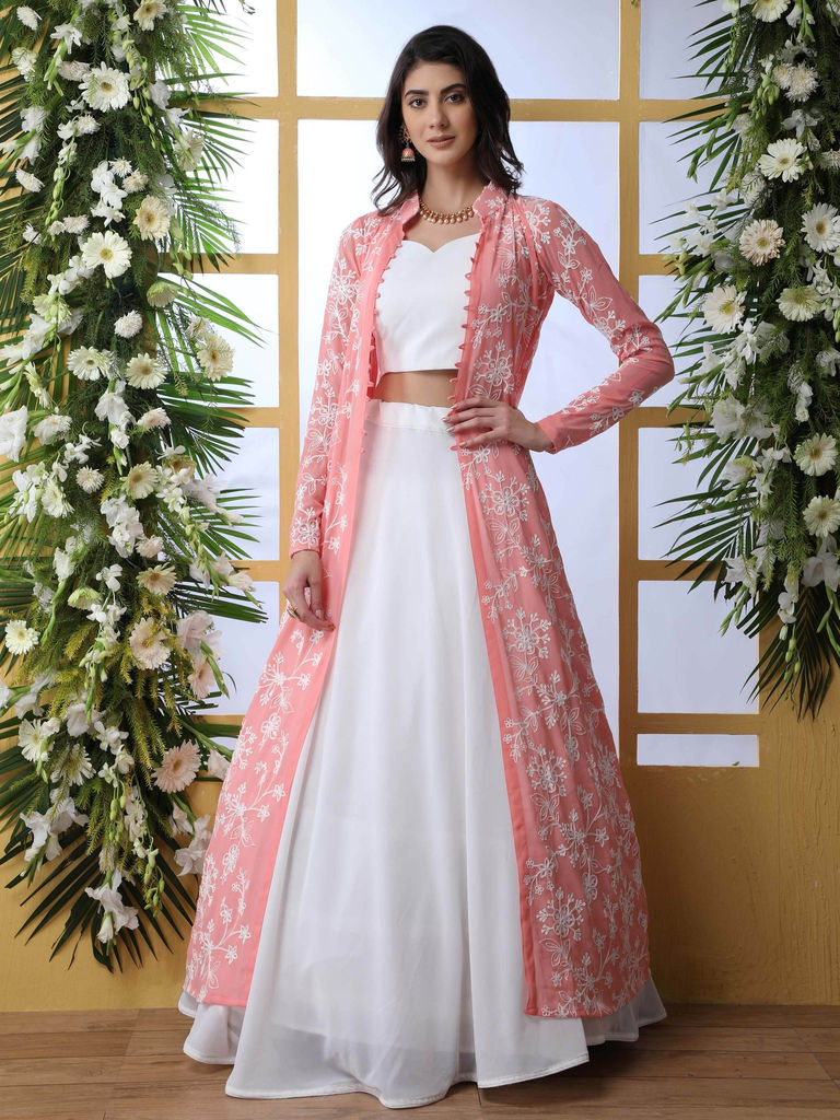 Thumbnail: Artistic White Georgette Event Wear Crop Top Lehenga With Shrug