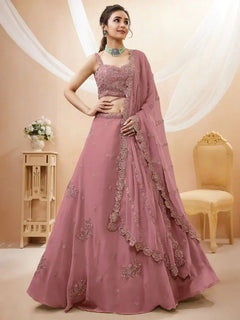 Thumbnail: Attractive Dusty Pink Sequins Georgette Party Wear Lehenga Choli